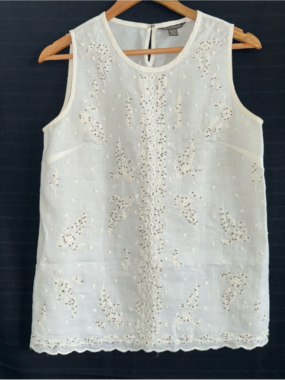 Tommy Bahama Off White Sleeveless Linen Embroidered Beaded Tunic Top Shirt XS